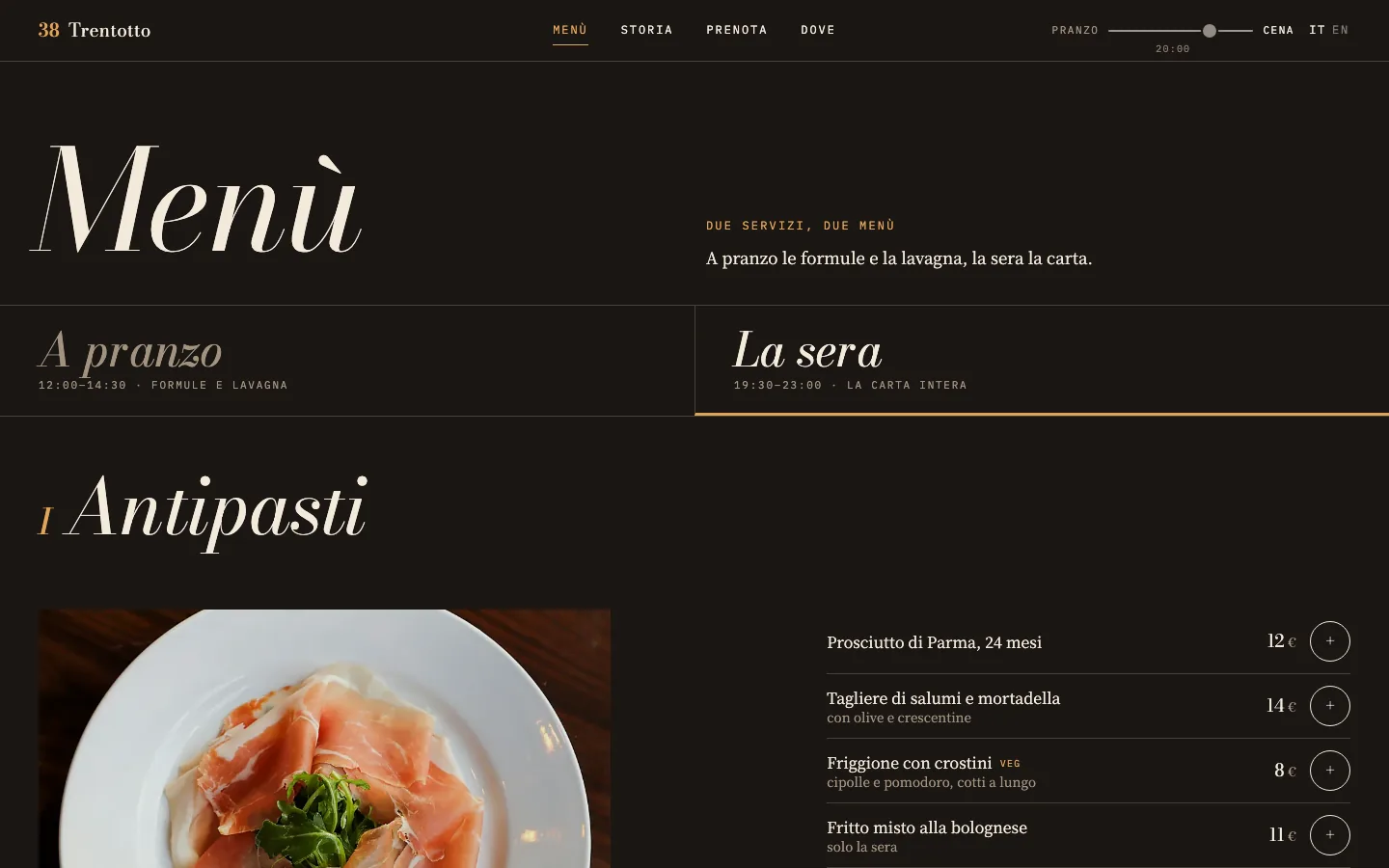 Trentotto — pagina del menù: a pranzo le formule e la lavagna, la sera la carta