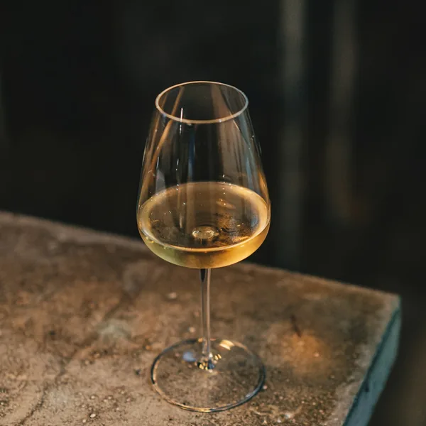 Un bicchiere di vino bianco su un tavolo di pietra